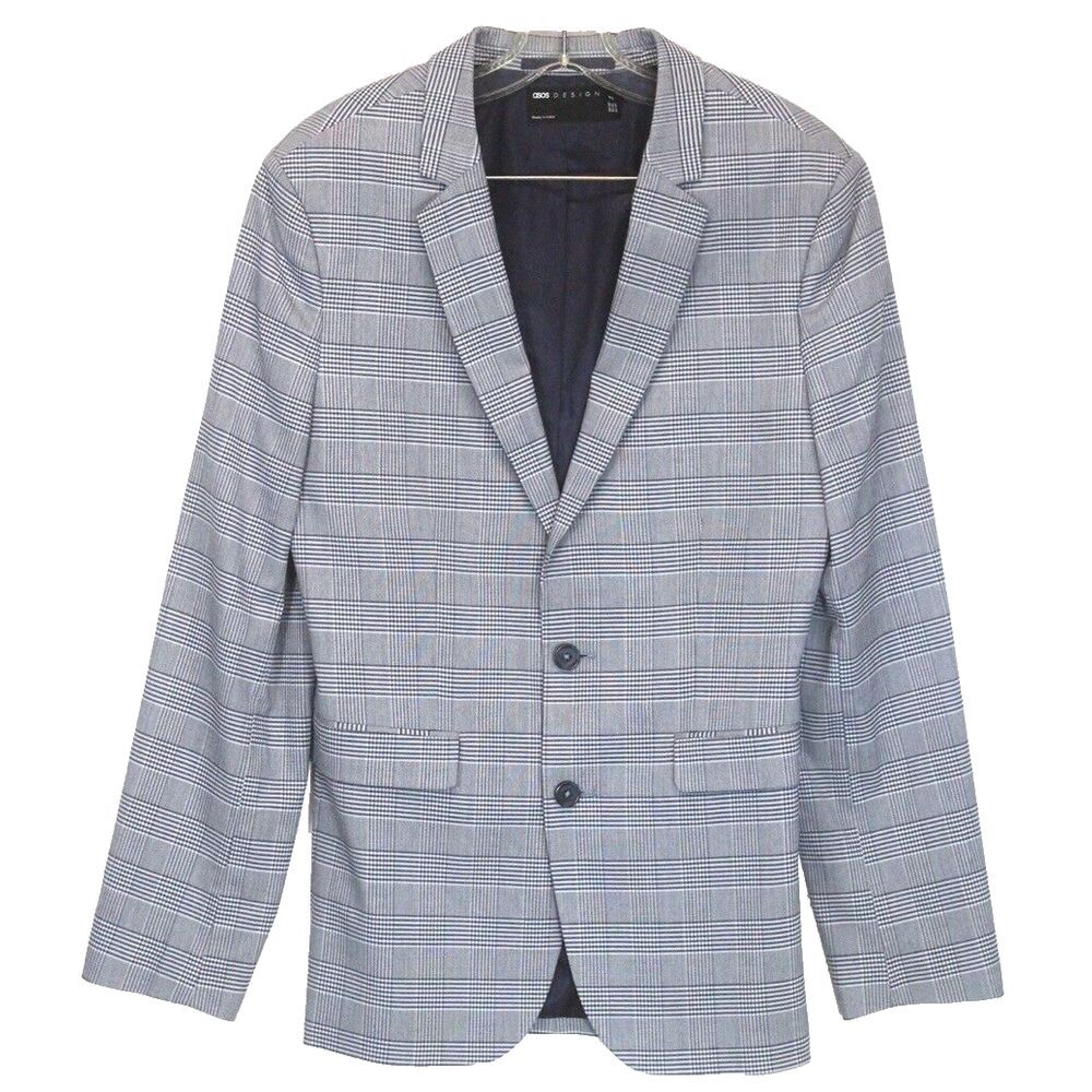 mens gray plaid ASOS blazer jacket sport suit coat two button slim‎ 38 R